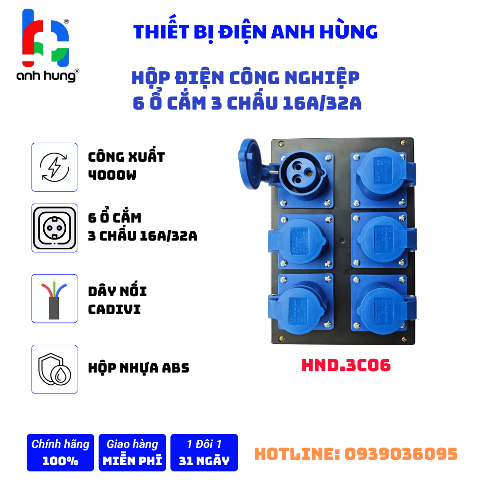 Bộ Chia Nguồn Công Nghiệp 1 Pha 6 Ổ Cắm 3 Chấu 16A 250V | HND3C16.06 - Ảnh 2