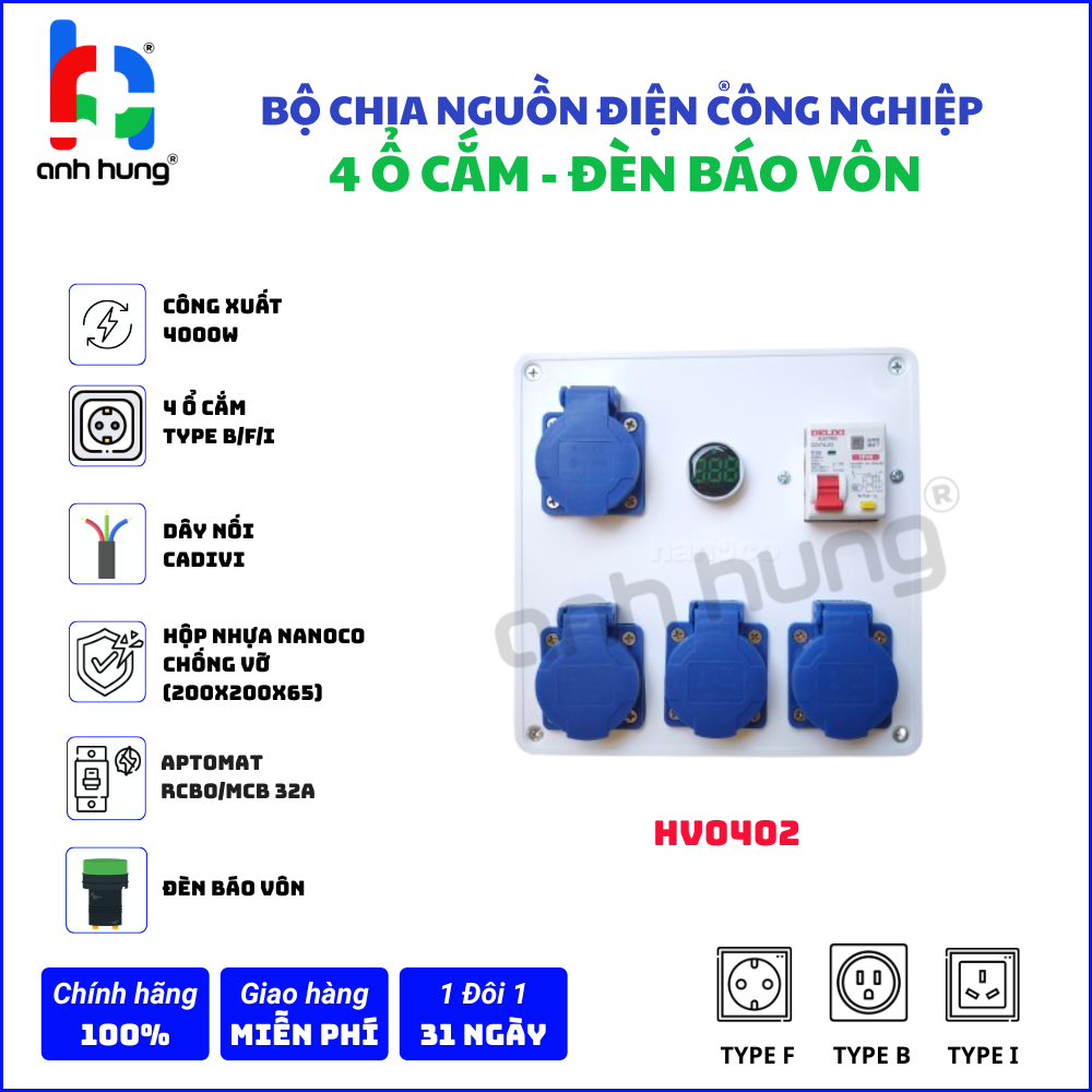 Bộ chia nguồn 4 ổ cắm công nghiệp 10A-16A 250V phù hợp phích tròn và dẹp, CB Aptomat 32A chống quá tải – Hộp nguồn công nghiệp ngoài trời 10A-16A 250V Đèn Báo Vôn | HV0402 - Ảnh 2