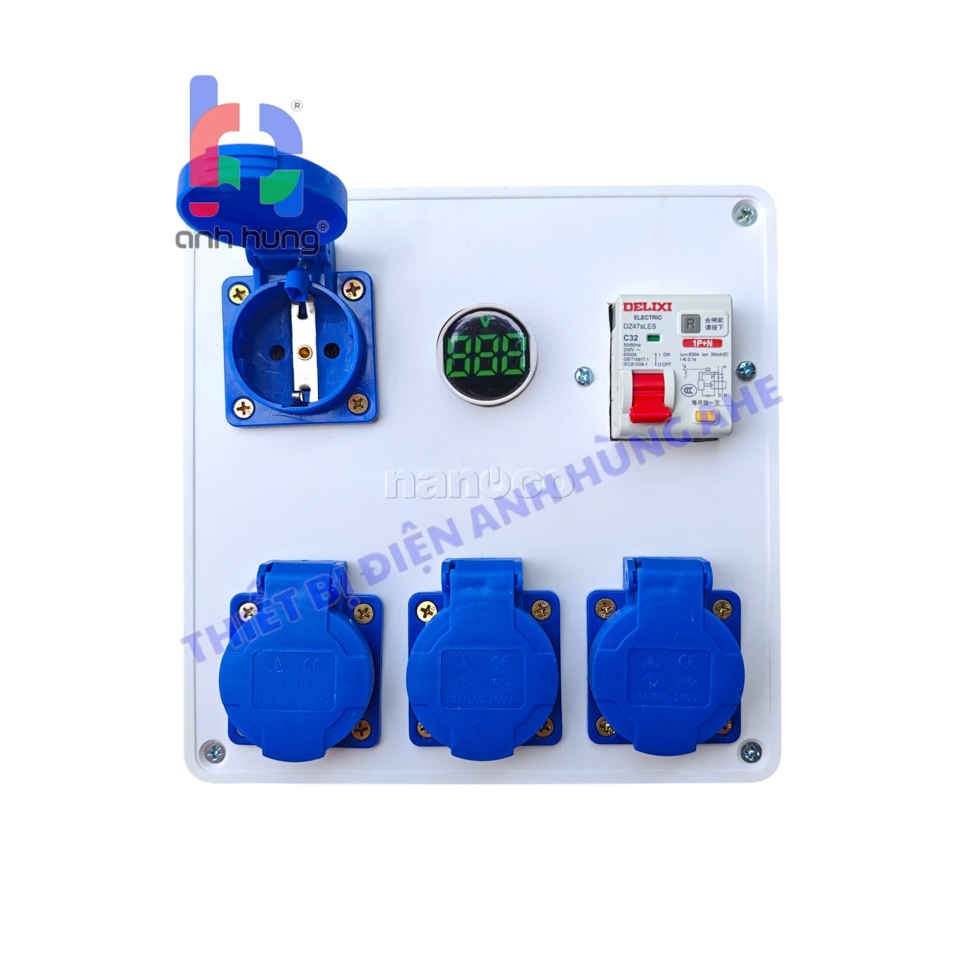 Bộ chia nguồn 4 ổ cắm công nghiệp 10A-16A 250V phù hợp phích tròn và dẹp, CB Aptomat 32A chống quá tải – Hộp nguồn công nghiệp ngoài trời 10A-16A 250V Đèn Báo Vôn | HV0402 - Ảnh 3