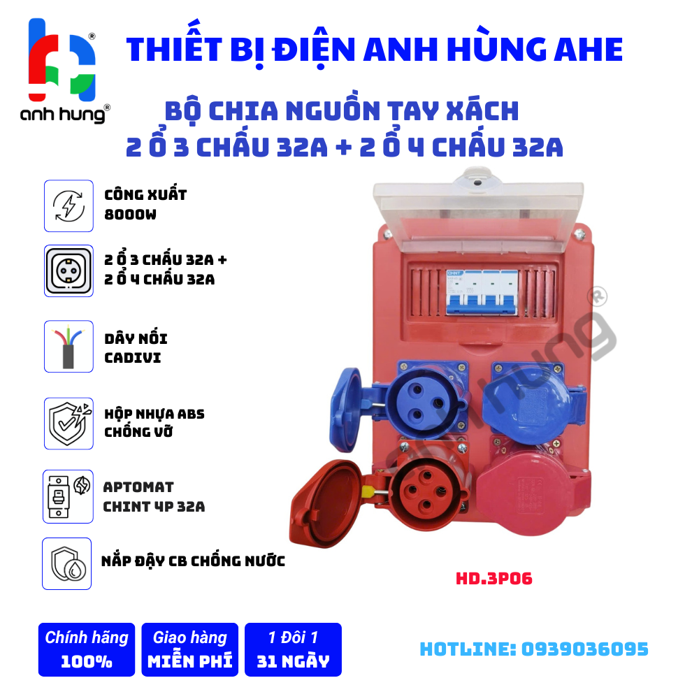 Hộp nguồn thi công điện 3 pha dân dụng - Bộ chia nguồn tay xách 2 ổ cắm 3 Chấu 32A + 2 Ổ 4 Chấu 32A 250V & 1 aptomat tổng tự động MCB | HD3P06 - Ảnh 3