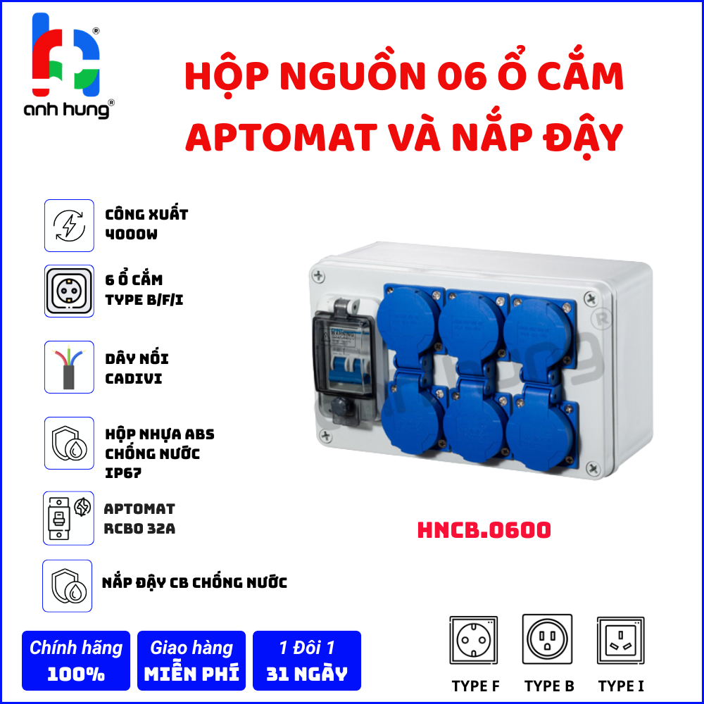 Hộp nguồn ổ cắm điện chống nước nhựa ABS 6 ổ cắm 10A-16A 250V Kèm Aptomat 32A có nắp đậy chống nước - Hộp nguồn ngoài trời chống nước, kháng bụi chịu va đập | HNCB.0600 - Ảnh 2
