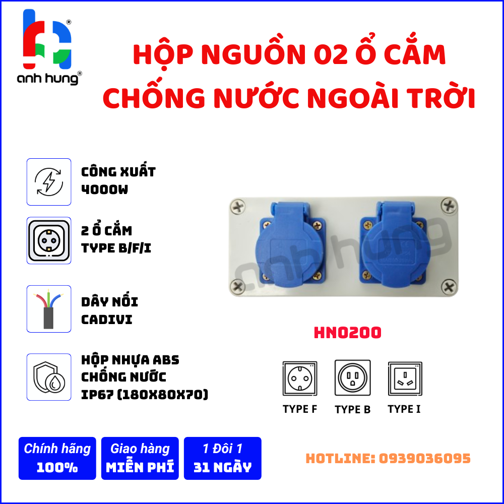 Hộp nguồn ổ cắm điện chống nước nhựa ABS 2 ổ cắm 10A-16A 250V - Hộp nguồn ngoài trời chống nước, kháng bụi chịu va đập | HN0200 - Ảnh 2