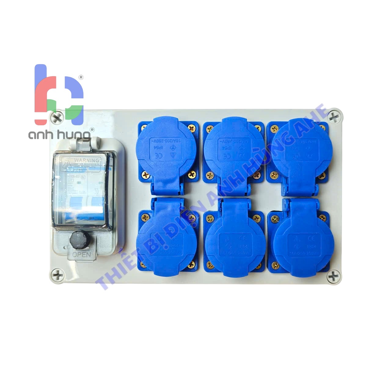 Hộp nguồn ổ cắm điện chống nước nhựa ABS 6 ổ cắm 10A-16A 250V Kèm Aptomat 32A có nắp đậy chống nước - Hộp nguồn ngoài trời chống nước, kháng bụi chịu va đập | HNCB.0600