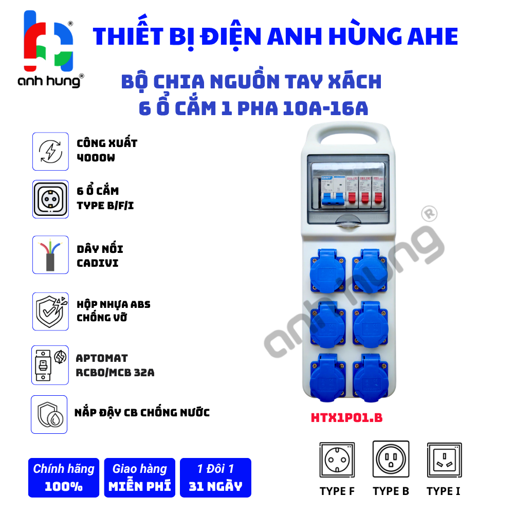 Hộp nguồn thi công điện 1 pha dân dụng - Bộ chia nguồn tay xách hộp xám 6 ổ cắm 10A-16A 250V - 3 aptomat đơn 1P & 1 aptomat tổng tự động MCB hoặc chống giật RCBO | HTX1P01.B - Ảnh 2