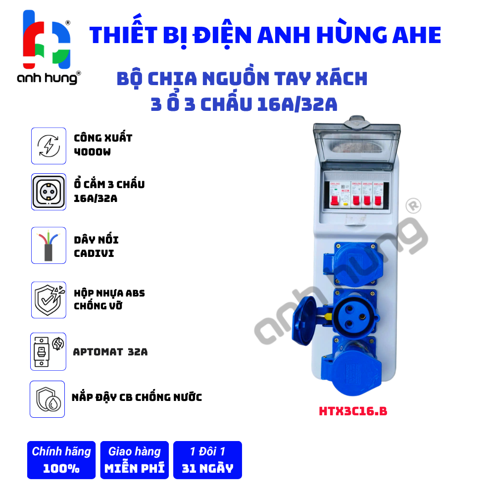 Hộp nguồn thi công điện 1 pha dân dụng - Bộ chia nguồn tay xách hộp xám 3 Ổ cắm 3 chấu 16A 250V - 3 Aptomat 1P 32A & 1 aptomat tổng 32A Tự động MCB hoặc Chống Giật | HTX3C16.B - Ảnh 2