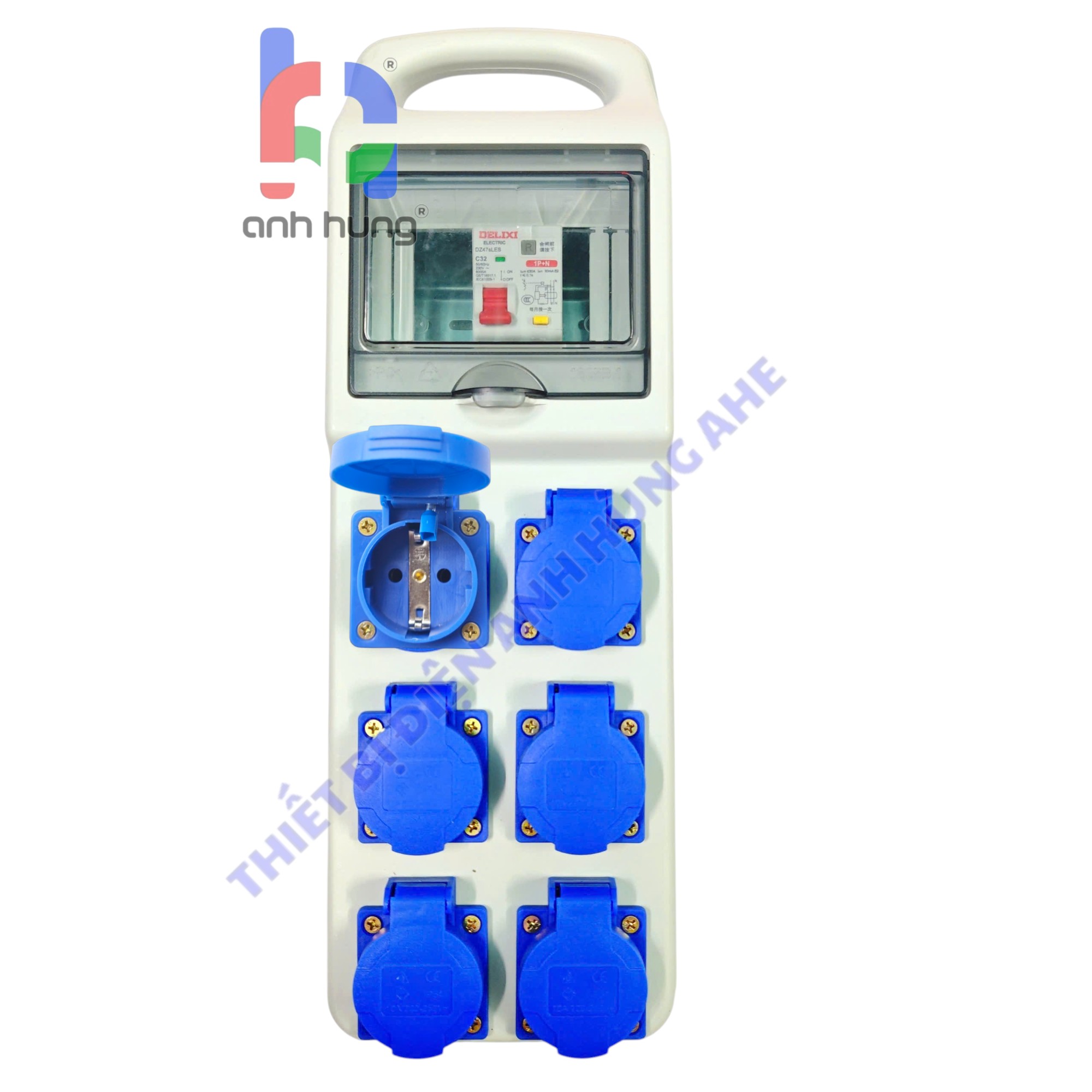 Hộp nguồn thi công điện 1 pha dân dụng - Bộ chia nguồn tay xách hộp xám 6 ổ cắm 10A-16A 250V & 1 aptomat tổng tự động MCB hoặc chống giật RCBO | HTX1P01.A - Ảnh 3