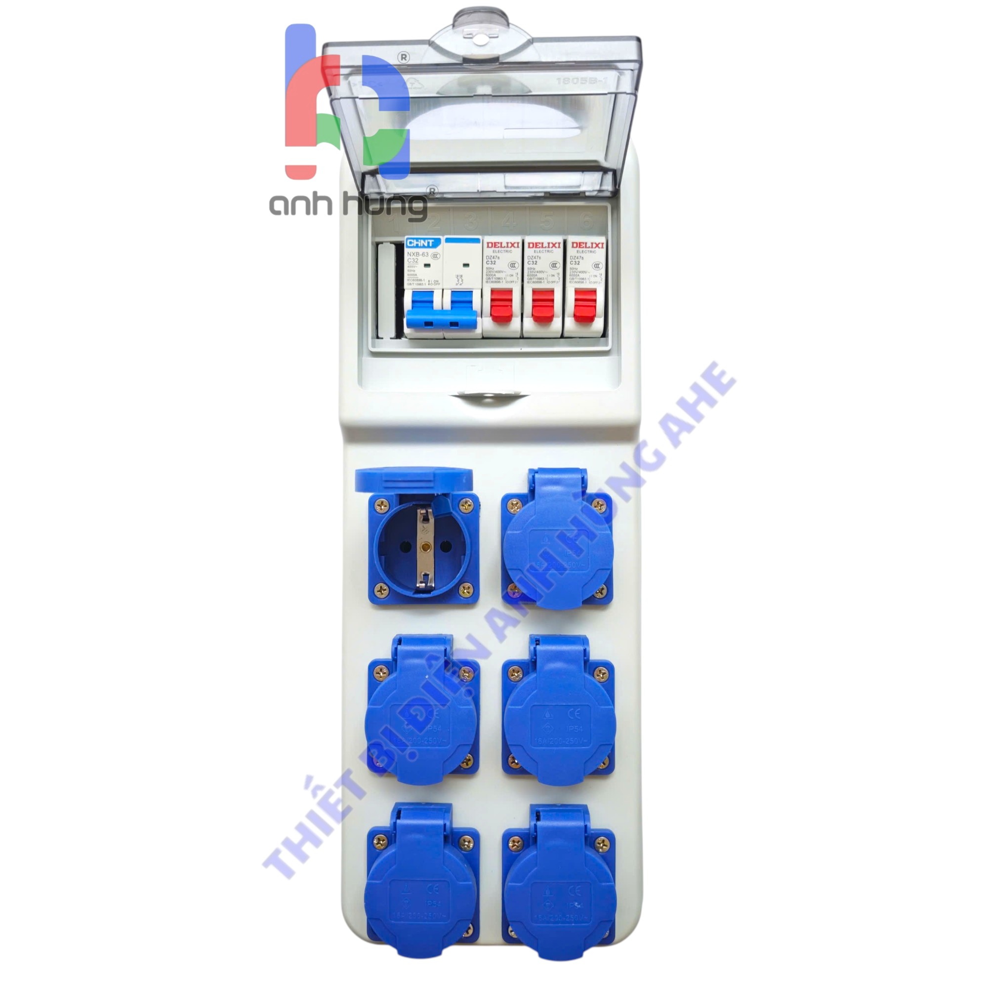 Hộp nguồn thi công điện 1 pha dân dụng - Bộ chia nguồn tay xách hộp xám 6 ổ cắm 10A-16A 250V - 3 aptomat đơn 1P & 1 aptomat tổng tự động MCB hoặc chống giật RCBO | HTX1P01.B - Ảnh 3