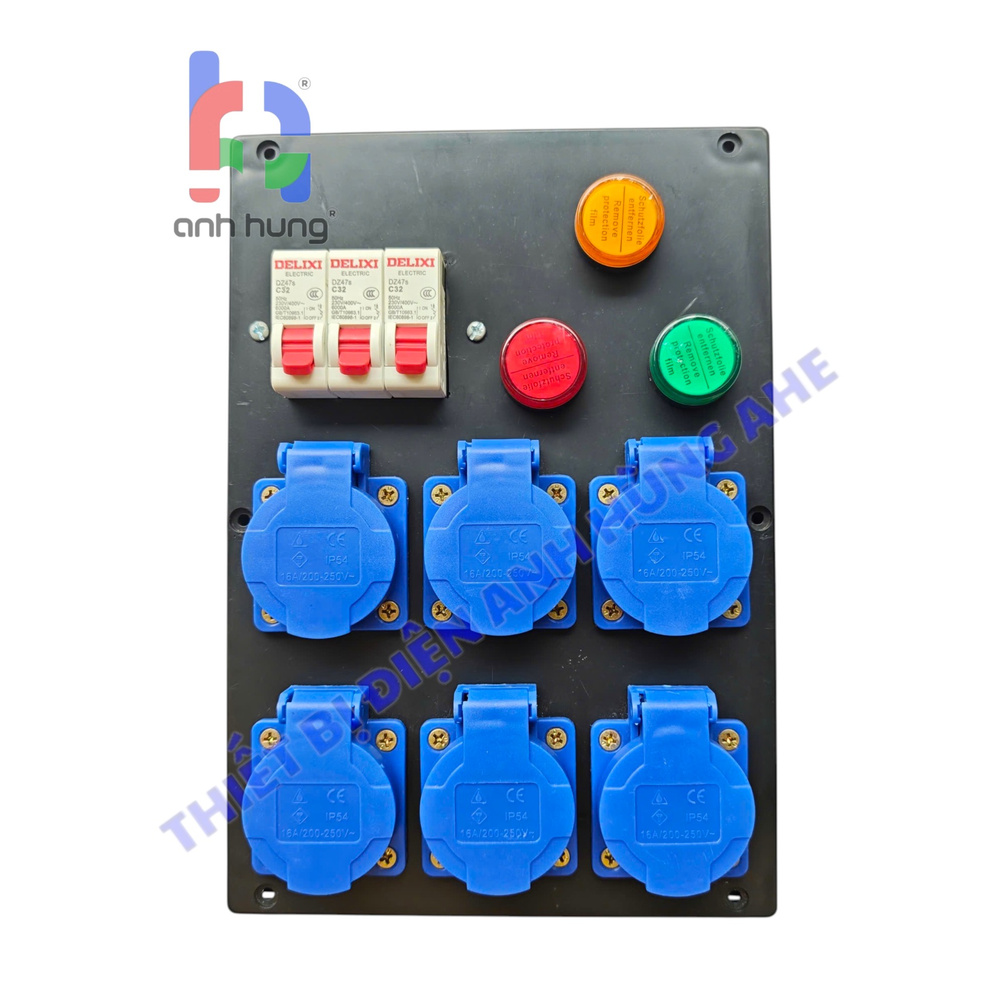 Hộp nguồn 1 pha dân dụng dùng cho âm thanh ánh sáng - Bộ chia nguồn 6 ổ cắm 10A-16A 250V - 3 Aptomat 1P 32A & Đèn Báo Nguồn| HA02