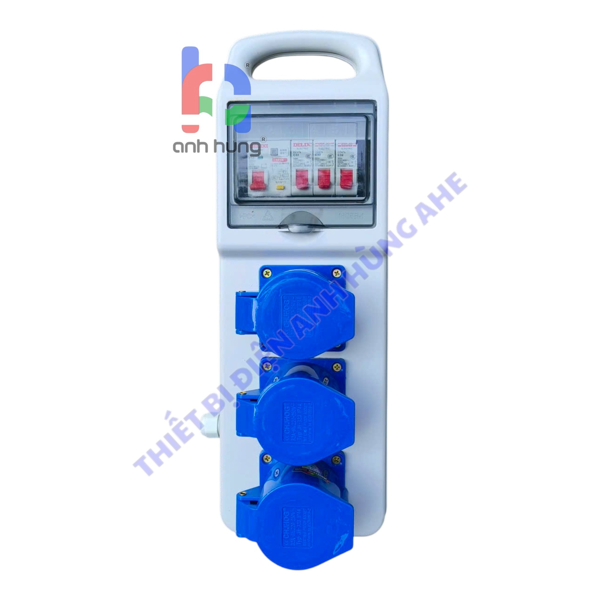 Hộp nguồn thi công điện 1 pha dân dụng - Bộ chia nguồn tay xách hộp xám 3 Ổ cắm 3 chấu 16A 250V - 3 Aptomat 1P 32A & 1 aptomat tổng 32A Tự động MCB hoặc Chống Giật | HTX3C16.B - Ảnh 3