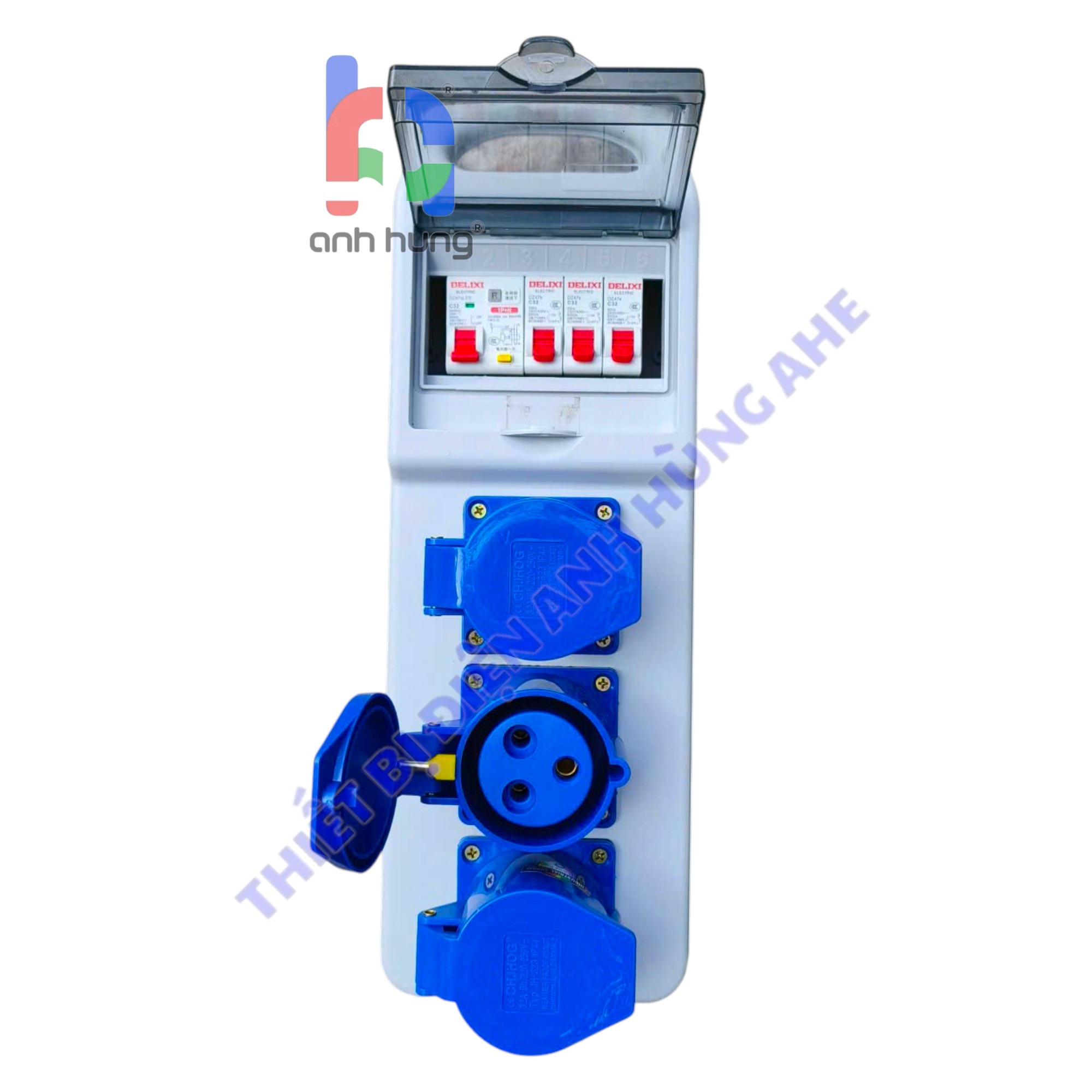 Hộp nguồn thi công điện 1 pha dân dụng - Bộ chia nguồn tay xách hộp xám 3 Ổ cắm 3 chấu 16A 250V - 3 Aptomat 1P 32A & 1 aptomat tổng 32A Tự động MCB hoặc Chống Giật | HTX3C16.B