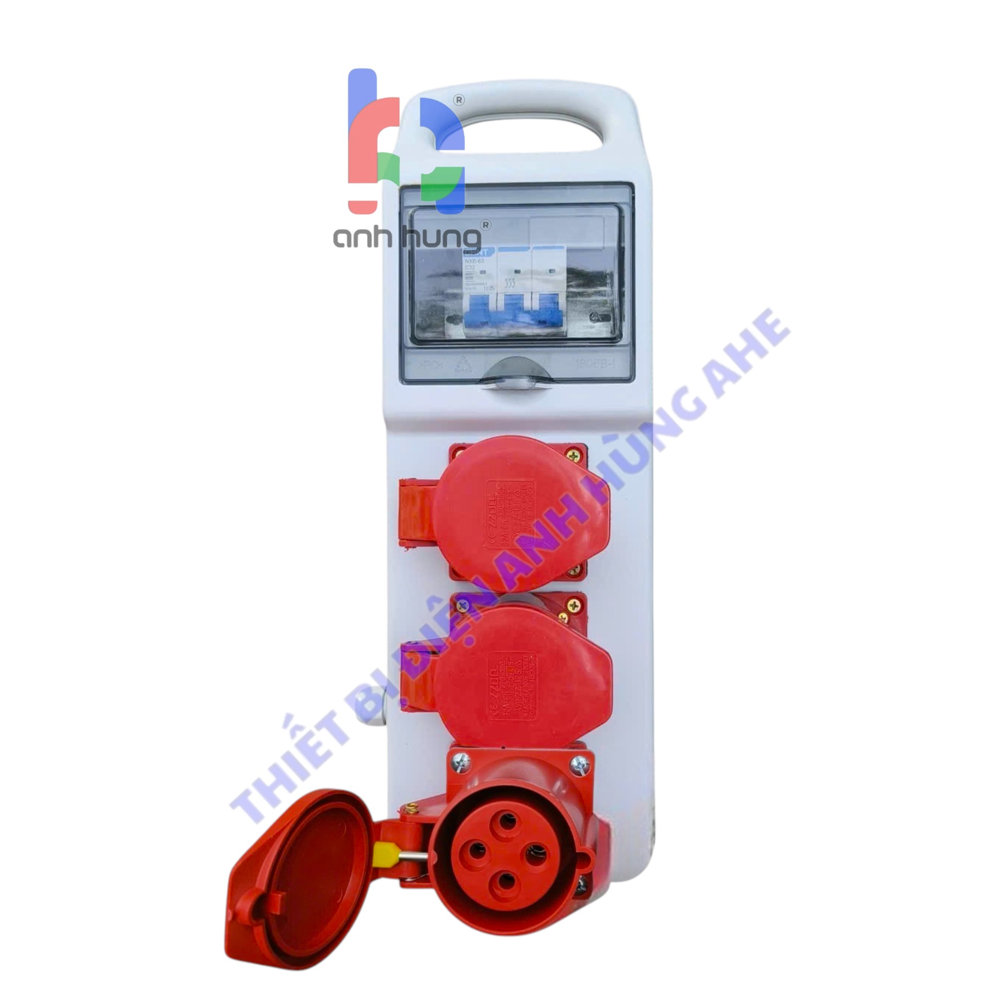 Hộp nguồn thi công điện 3 pha dân dụng - Bộ chia nguồn tay xách hộp xám 3 Ổ cắm 4 chấu 32A 250V - 1 aptomat tổng 32A Tự động MCB | HTX4C32 - Ảnh 3