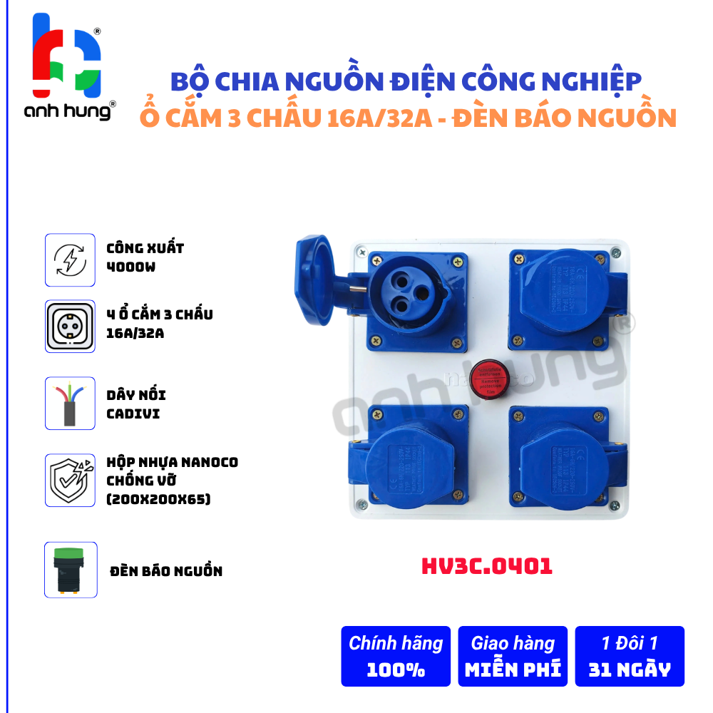 Hộp nguồn thi công công nghiệp 3 chấu 32A đèn báo nguồn - phù hợp cho âm thanh ánh sáng tổ chức sự kiện | HV3C32.0401 - Ảnh 2